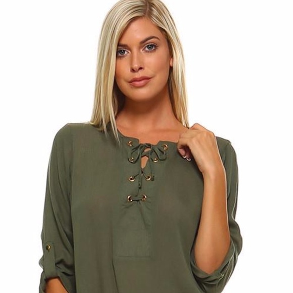 NWT 3/4 SLEEVE LACE UP OLIVE GREEN SHIRT - Picture 2 of 3